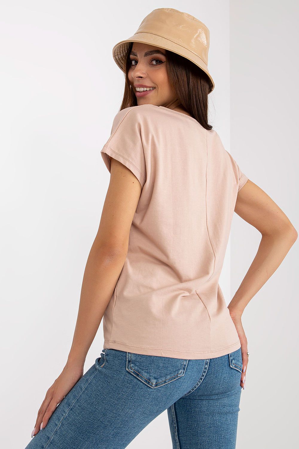 Luxurious Heart Neckline T-Shirt in 95% Cotton by BFG Fashion Forward Styles, shown from the back with a relaxed fit, complemented by casual denim and a stylish hat.