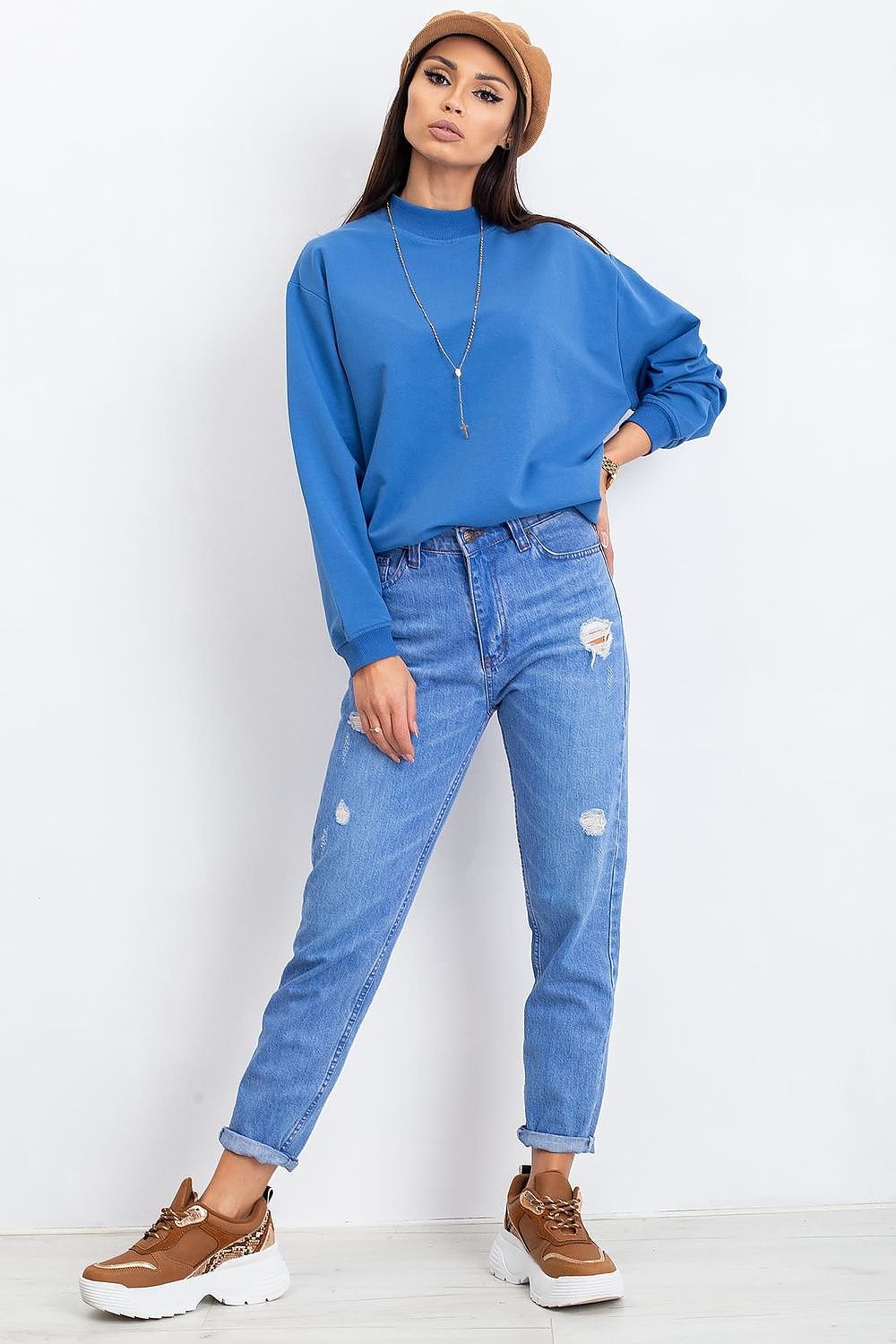 Luxury Women's Cotton Sweatshirt with Stand-Up Collar in blue, styled with casual distressed jeans and trendy footwear, perfect for a chic yet relaxed look.