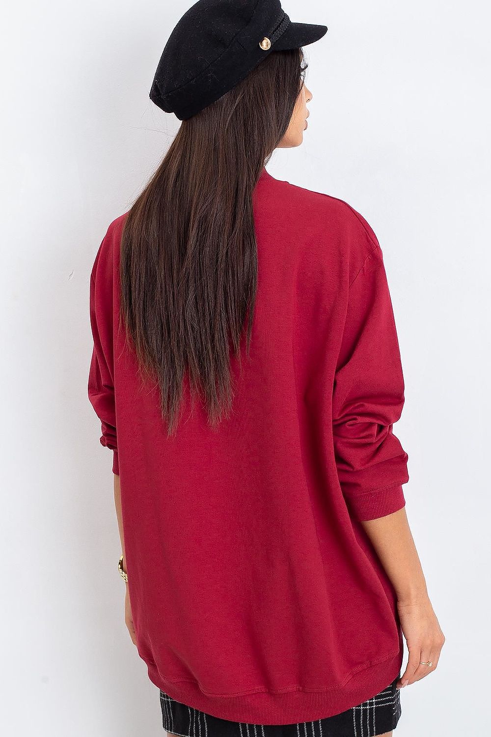 Back view of the Luxury Women's Cotton Sweatshirt with Stand-Up Collar, featuring a model in a red sweatshirt, highlighting the relaxed fit and breathable design ideal for luxurious comfort.