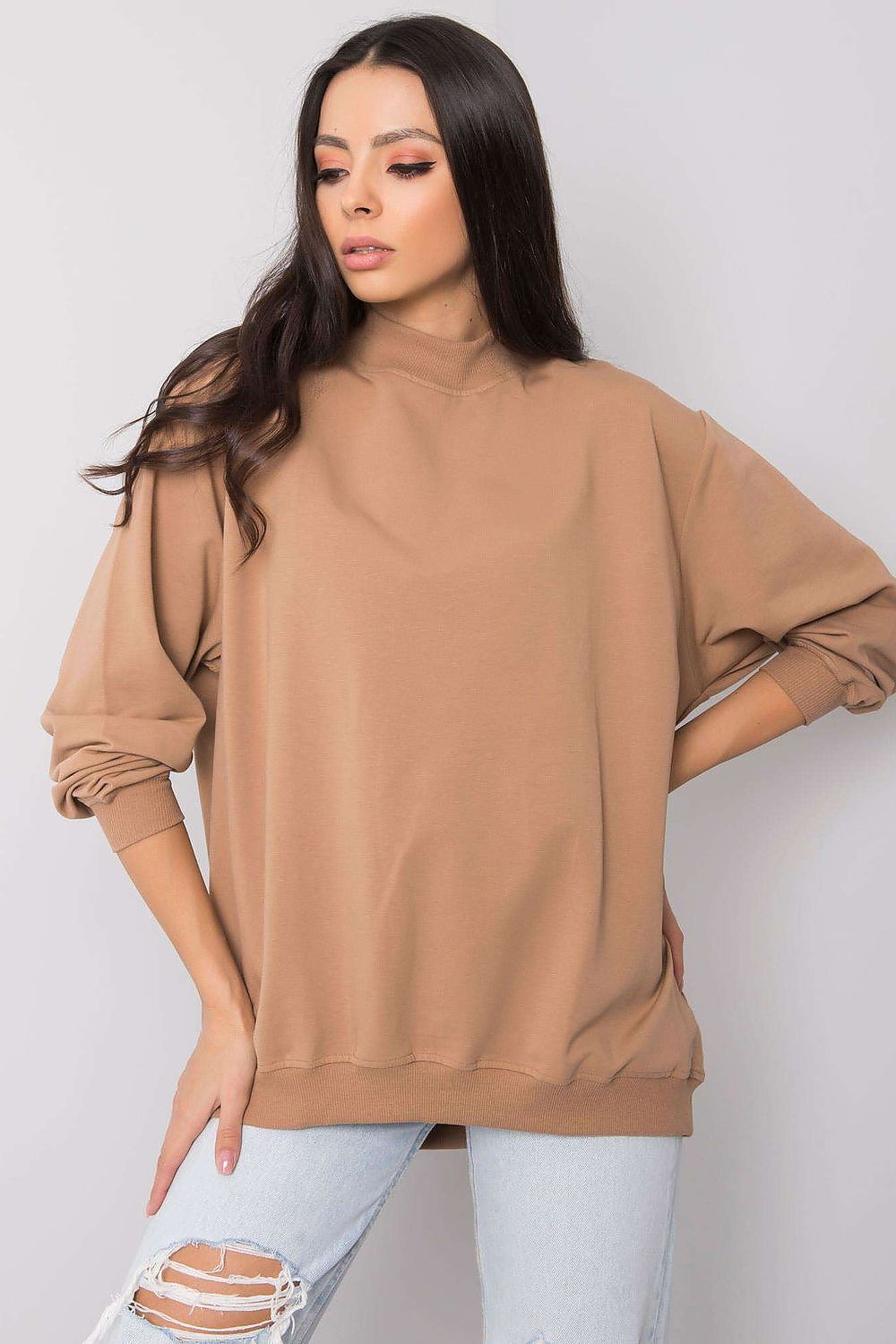 Luxury Women's Cotton Sweatshirt with Stand-Up Collar in a warm beige tone, displayed on a model, exuding effortless style and comfort, ideal for luxurious casual wear.