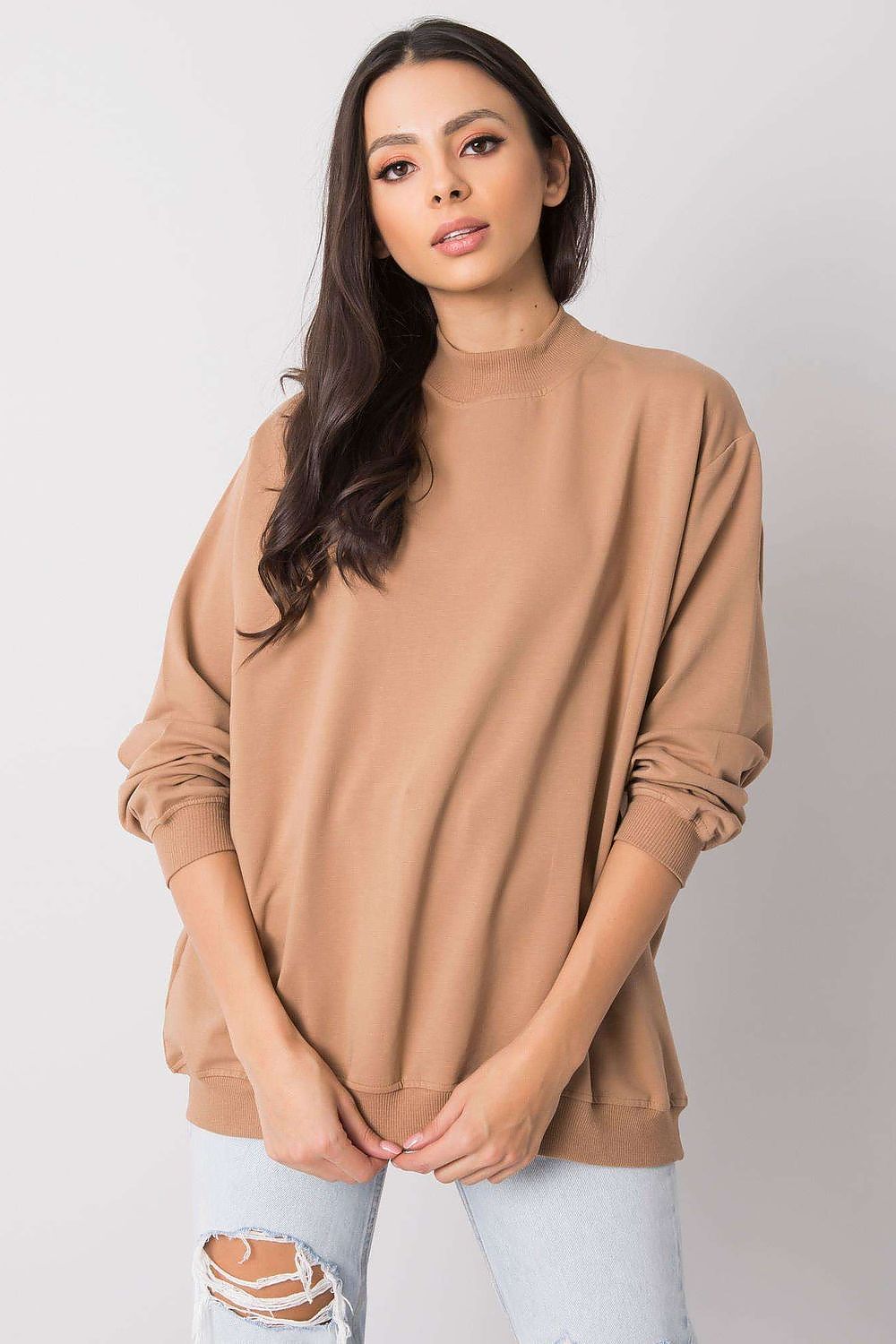 Luxury Women's Cotton Sweatshirt with Stand-Up Collar in a soft beige colour, showcasing a fashionable relaxed fit and stylish long sleeves, perfect for breathable comfort and chic style.