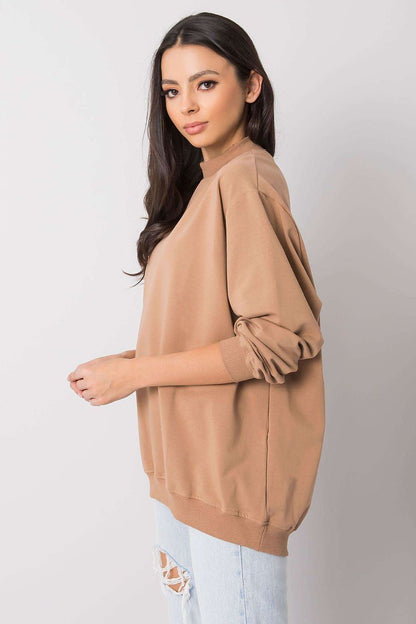 Side view of the Luxury Women's Cotton Sweatshirt with Stand-Up Collar, highlighting its elegant design and soft beige fabric, ideal for effortless luxury and comfort.