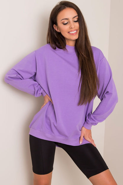 Luxury Women's Cotton Sweatshirt with Stand-Up Collar in vibrant purple, styled with black biker shorts, exuding a contemporary and stylish look ideal for both casual and upscale settings.