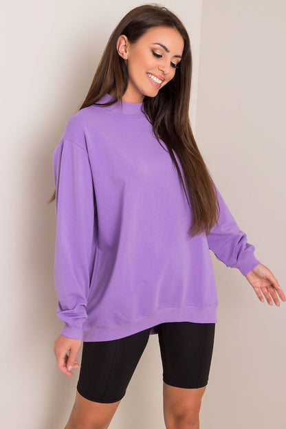 Luxury Women's Cotton Sweatshirt with Stand-Up Collar in purple, side profile shot showing the relaxed fit and luxurious fabric that ensures breathable comfort.