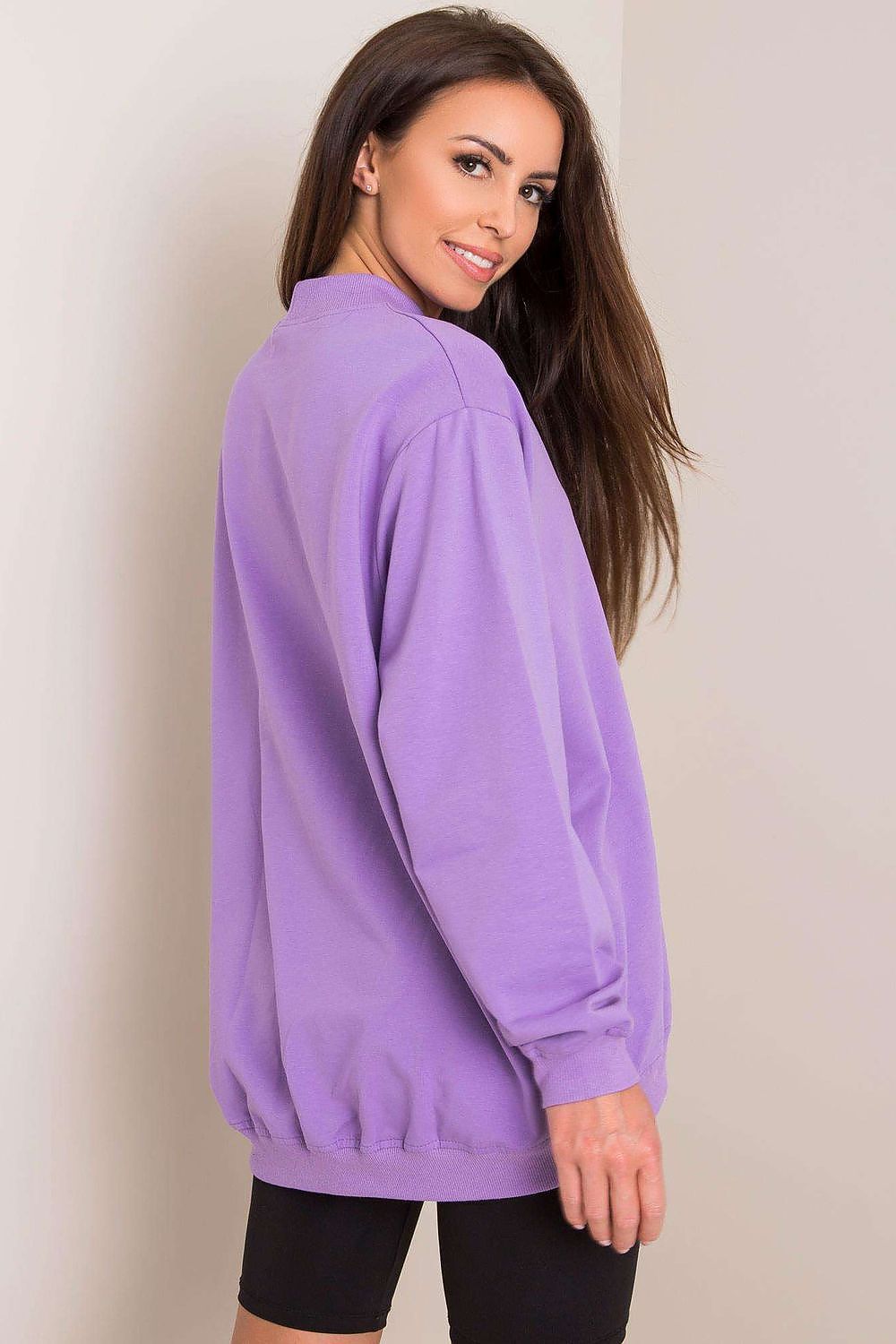Back view of the Luxury Women's Cotton Sweatshirt with Stand-Up Collar in rich purple, emphasizing the sleek silhouette and quality design for an effortlessly chic style.