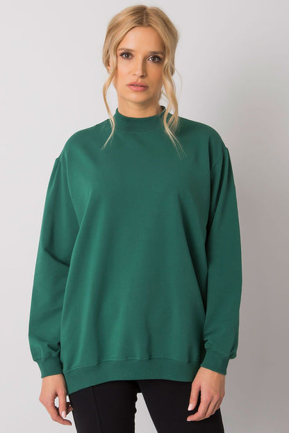 Luxury Women's Cotton Sweatshirt with Stand-Up Collar - Breathable Comfort & Style, featuring a model in a green sweatshirt displaying its elegant design and comfortable fit.