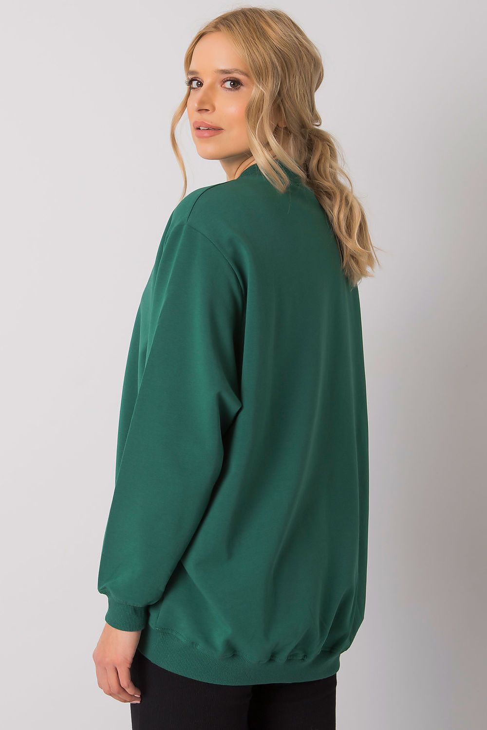 Luxury Women's Cotton Sweatshirt with Stand-Up Collar - Breathable Comfort & Style, depicting a model from the back in a green sweatshirt, emphasizing its relaxed fit and contemporary design.