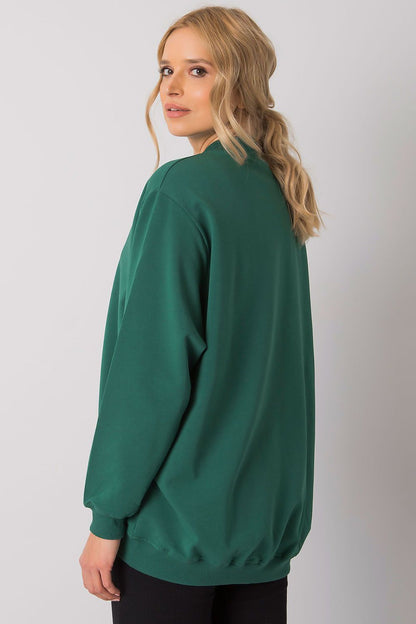 Luxury Women's Cotton Sweatshirt with Stand-Up Collar - Breathable Comfort & Style, depicting a model from the back in a green sweatshirt, emphasizing its relaxed fit and contemporary design.