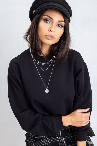 Luxury Women's Cotton Sweatshirt with Stand-Up Collar - Breathable Comfort & Style, featuring a model in a chic black sweatshirt paired with layered necklaces for a sophisticated look.