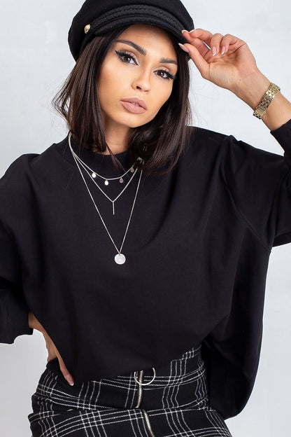 Luxury Women's Cotton Sweatshirt with Stand-Up Collar - Breathable Comfort & Style, showing a model in a stylish black sweatshirt and hat, accentuated with elegant necklaces for a fashionable appearance.