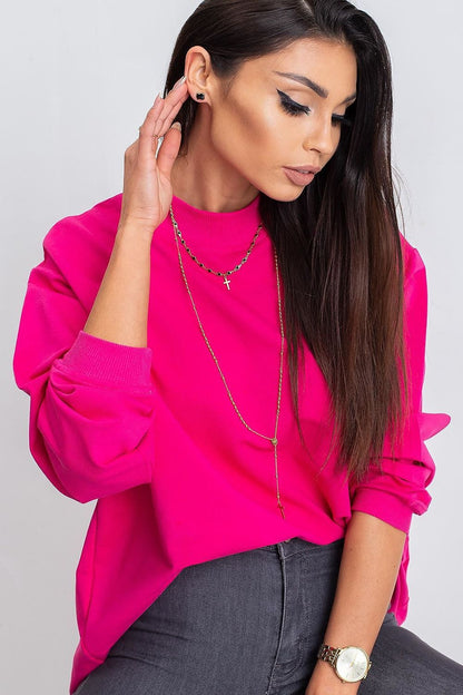 Luxury Women's Cotton Sweatshirt with Stand-Up Collar featuring a close-up view highlighting its soft fabric and sophisticated styling with layered necklaces.