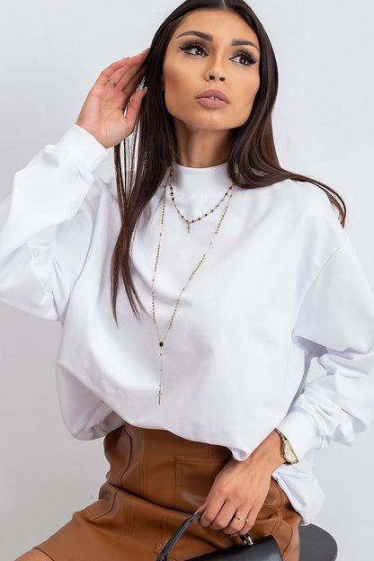 Luxury Women's Cotton Sweatshirt with Stand-Up Collar in classic white, elegantly paired with tailored tan leather skirt and accessories for a refined appearance.