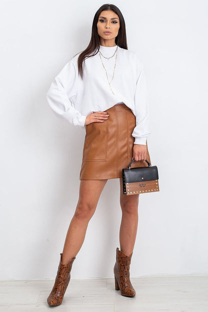 Luxury Women's Cotton Sweatshirt with Stand-Up Collar - Breathable Comfort & Style, model showcasing the sweatshirt paired with a brown leather skirt and stylish accessories.