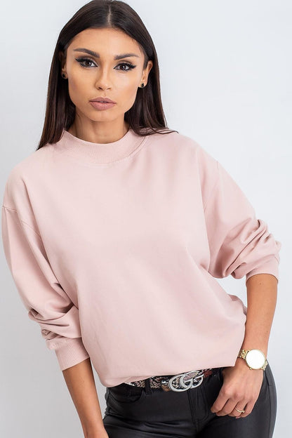 Luxury Women's Cotton Sweatshirt with Stand-Up Collar - Breathable Comfort & Style, model dressed in a soft pink version of the sweatshirt, exuding chic sophistication.