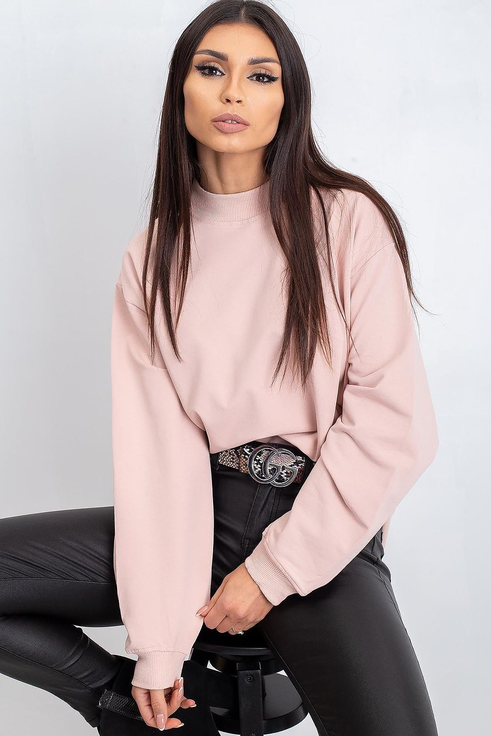 Luxury Women's Cotton Sweatshirt with Stand-Up Collar - Breathable Comfort & Style, casual pose of the model in the pink sweatshirt, highlighting its stylish appeal.