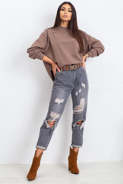 Luxury Women's Cotton Sweatshirt with Stand-Up Collar - Breathable Comfort & Style. Model in a brown sweatshirt, styled with distressed grey jeans and a fashionable belt, showcasing contemporary luxury.