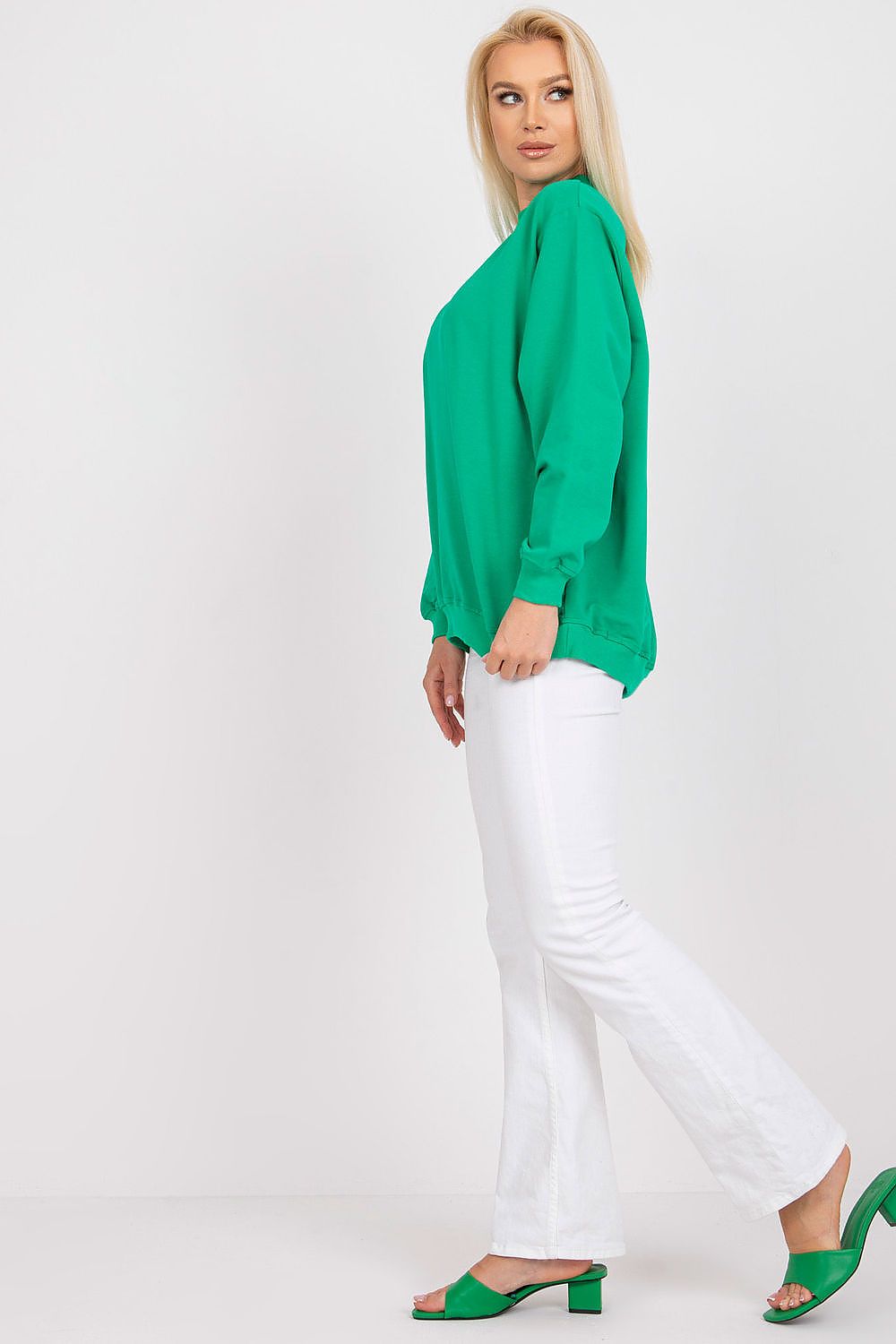 Luxury Women's Cotton Sweatshirt with Stand-Up Collar - Breathable Comfort & Style, showcased on a model in a sidelight pose, highlighting the relaxed fit and elegant design with a vibrant green colour.