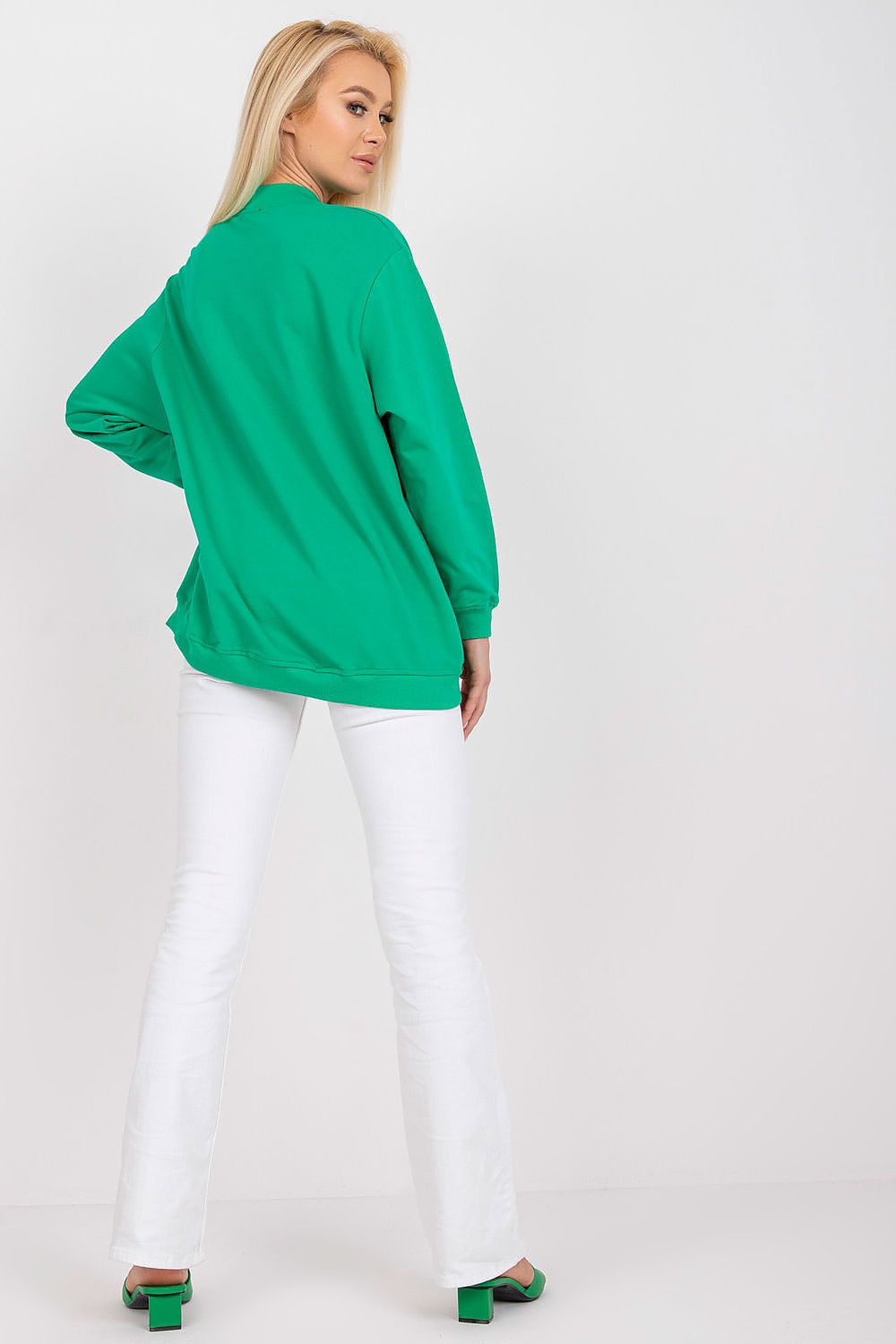Luxury Women's Cotton Sweatshirt with Stand-Up Collar - Breathable Comfort & Style, displayed from the back on a model, illustrating the stylish and chic look paired with flared white trousers.