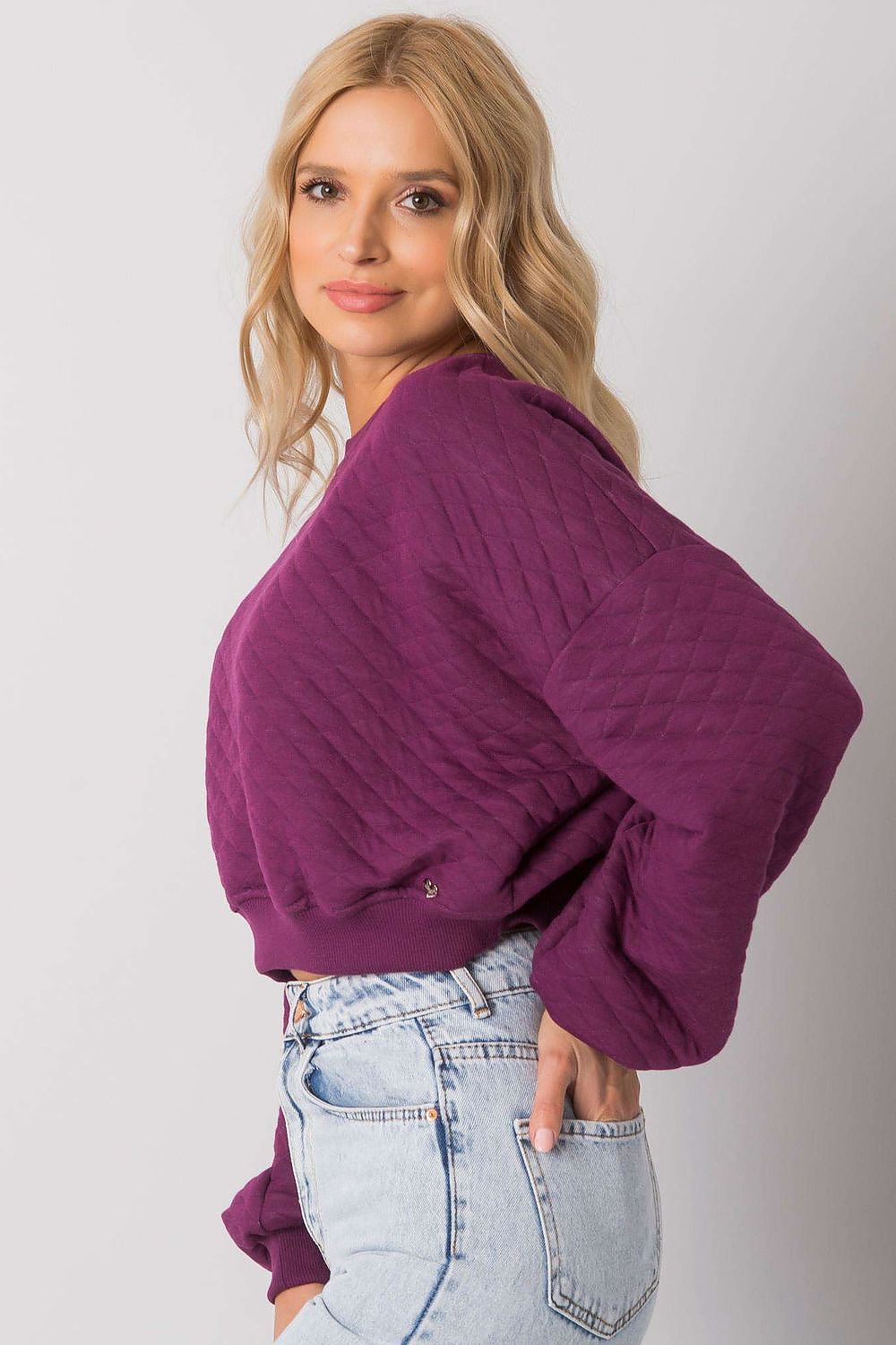 Elegant BFG Quilted Fabric Sweatshirt with Ribbed Hem – Long Sleeves, Perfect for Casual Chic, displayed on a stylish model in a purple hue.