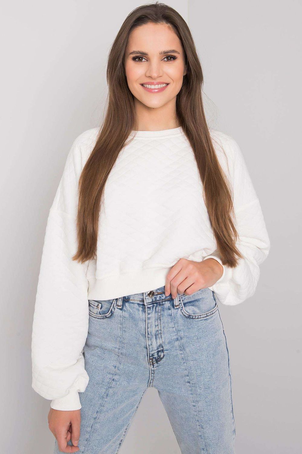 Elegant BFG Quilted Fabric Sweatshirt with Ribbed Hem – Long Sleeves, Perfect for Casual Chic, on a model wearing a pristine white colour.