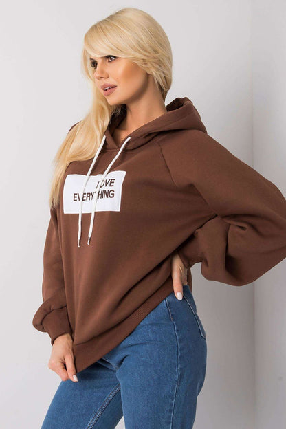Ex Moda Women's Hooded Sweatshirt - Stylish long sleeve design with decorative inscription, model side view in a brown sweatshirt with 'LOVE EVERYTHING' graphic.