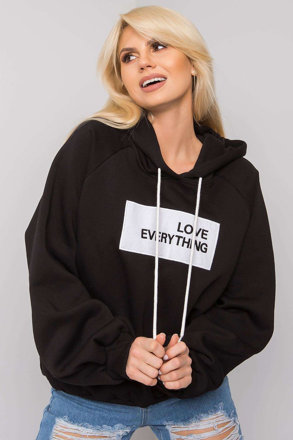 Ex Moda Women's Hooded Sweatshirt - Black stylish long sleeve hoodie featuring a decorative 'Love Everything' inscription, perfect for an elegant yet casual look.