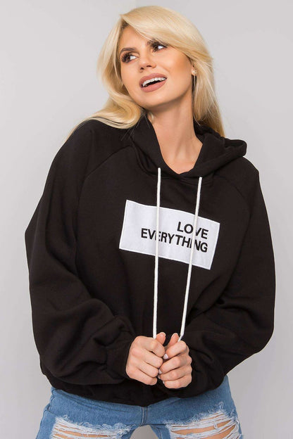 Ex Moda Women's Hooded Sweatshirt - Black stylish long sleeve hoodie featuring a decorative 'Love Everything' inscription, perfect for an elegant yet casual look.