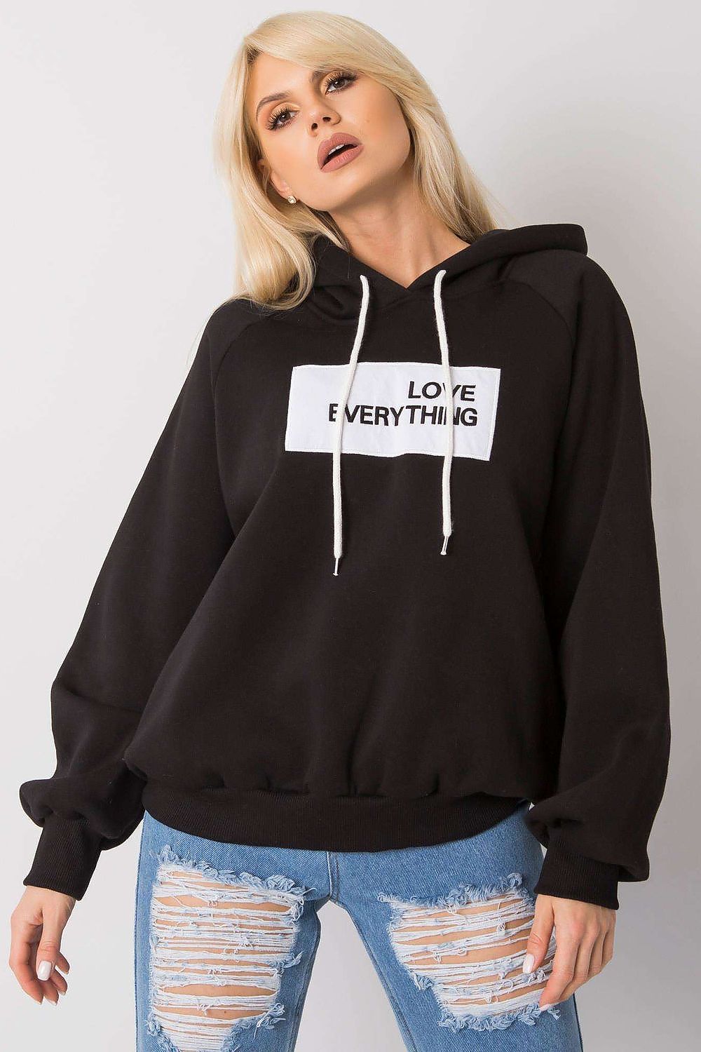 Ex Moda Women's Hooded Sweatshirt - Black chic long sleeve design with 'Love Everything' inscription, ideal for a sophisticated casual outfit.