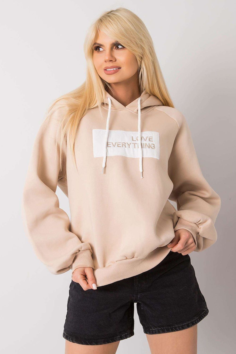 Ex Moda Women's Hooded Sweatshirt - Light beige long sleeve hoodie with a decorative 'Love Everything' inscription, perfect for luxury casual wear.