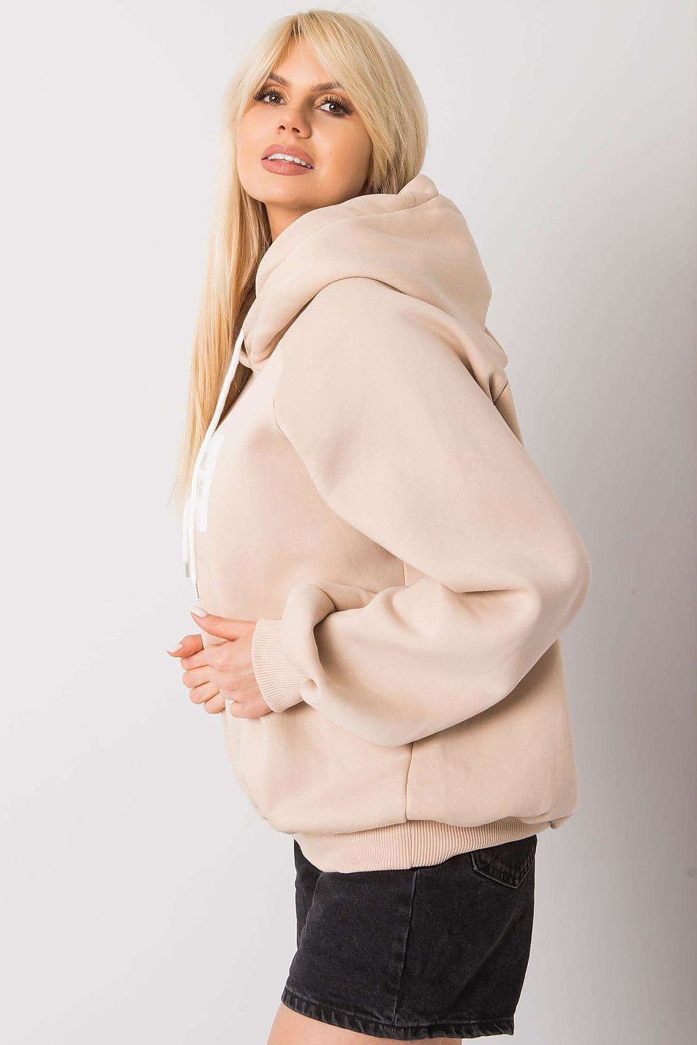 Ex Moda Women's Hooded Sweatshirt - Beige stylish long sleeve hoodie featuring a subtle 'Love Everything' print, perfect for an upscale casual look.