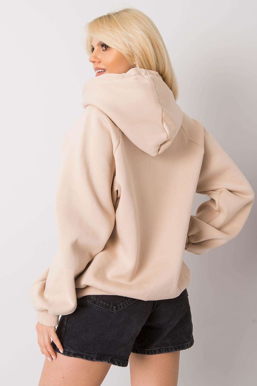 Ex Moda Women's Hooded Sweatshirt in a stylish beige colour, showcasing the back view with a relaxed fit, perfect for casual elegance.