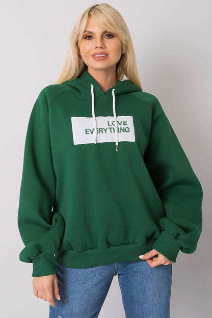 Ex Moda Women's Hooded Sweatshirt in vibrant green, highlighting the front view with an engaging decorative inscription, exuding style and comfort.