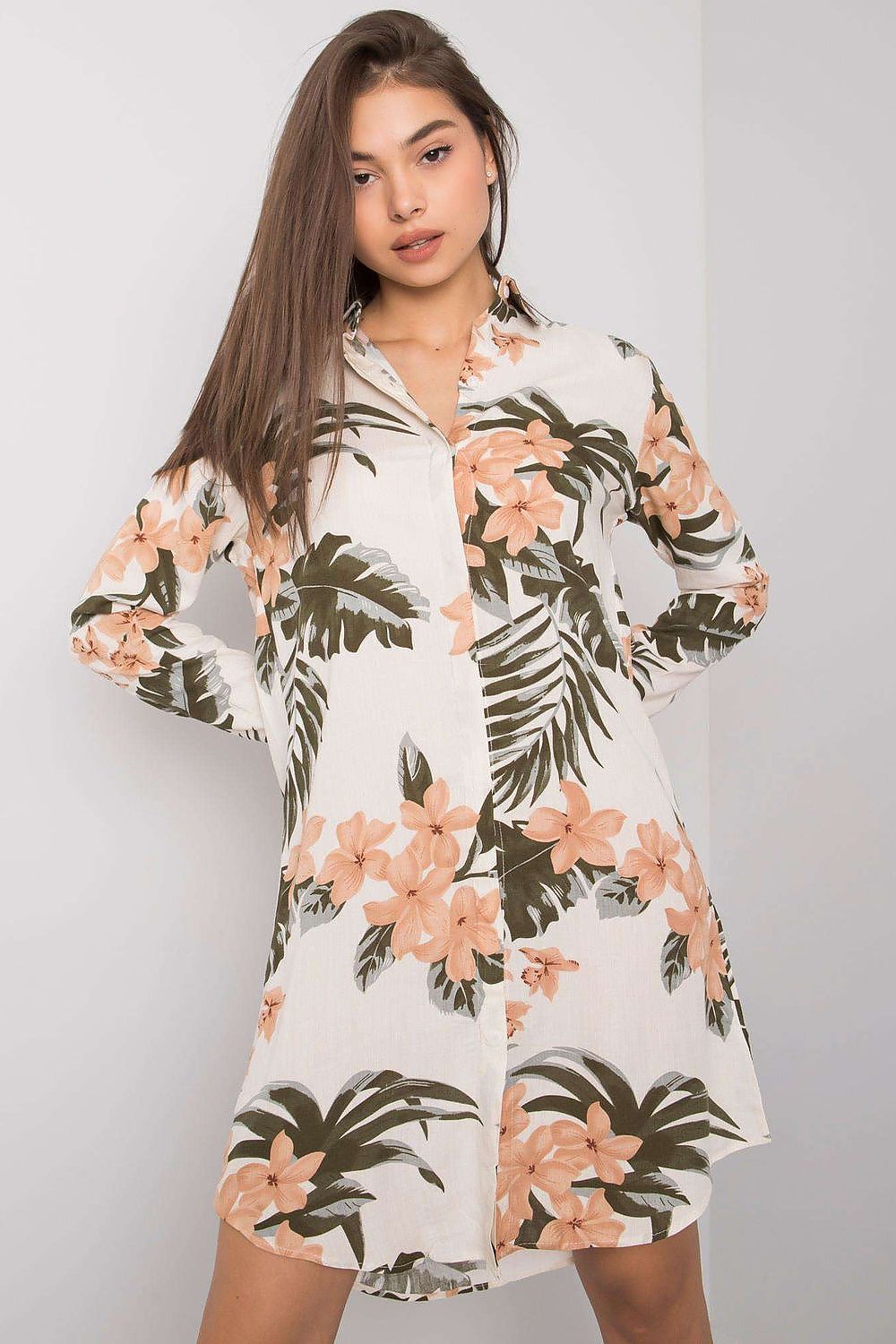 Elegant Rue Paris Long Sleeve Daydress in 100% Viscose - Perfect for Everyday Elegance, showcasing a model wearing a floral-patterned shirt dress with long sleeves and buttons, ideal for sophisticated casual attire.