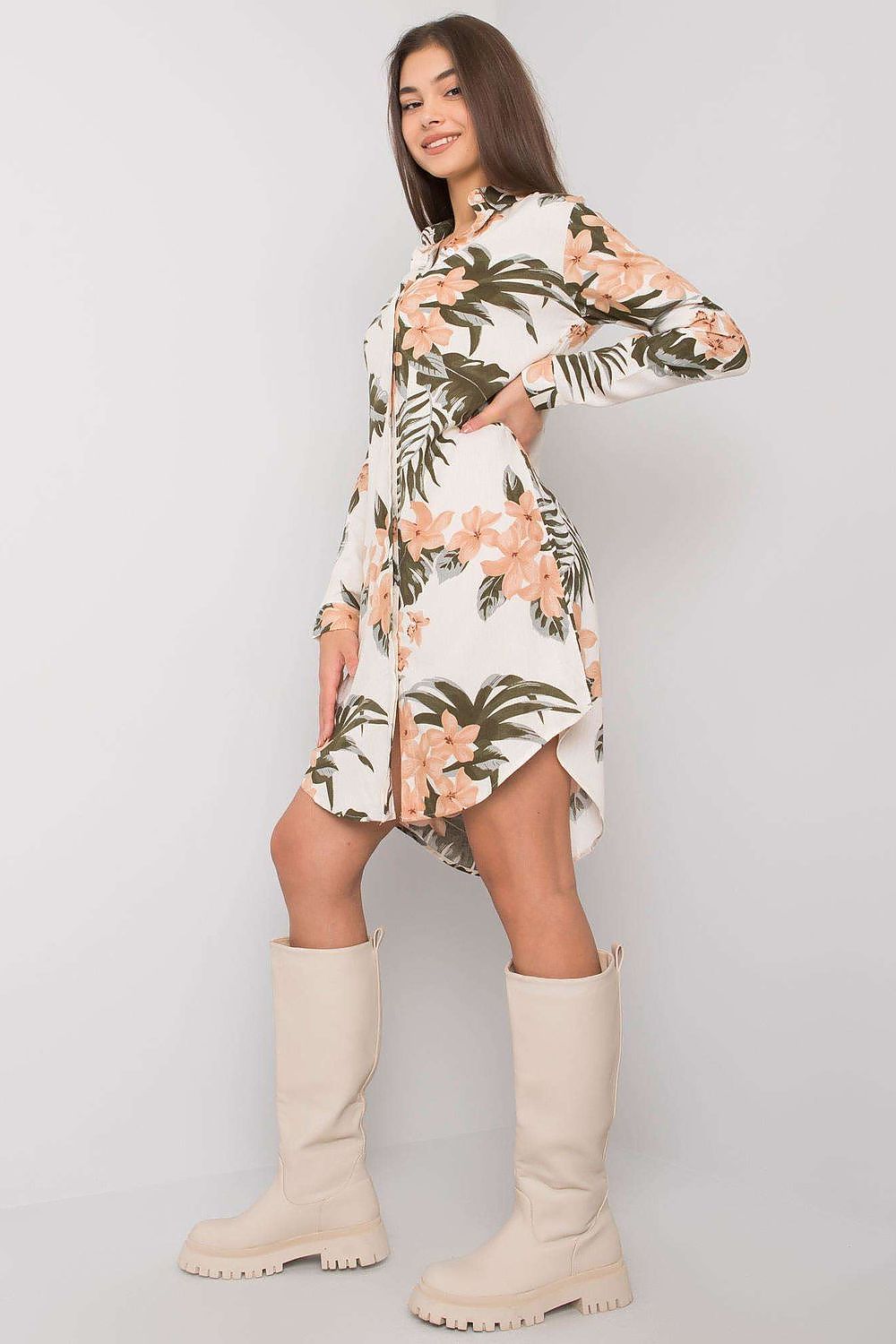 Elegant Rue Paris Long Sleeve Daydress in 100% Viscose, showcasing a side view of the floral daydress complemented by knee-high beige boots, perfect for a touch of luxury in daily attire.