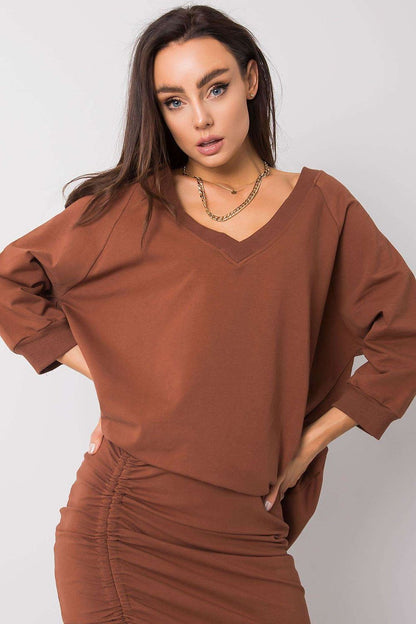 Loosely fitted Rue Paris sweatshirt with a heart neckline, made of 90% cotton and 10% spandex, showcased in a rich brown hue.
