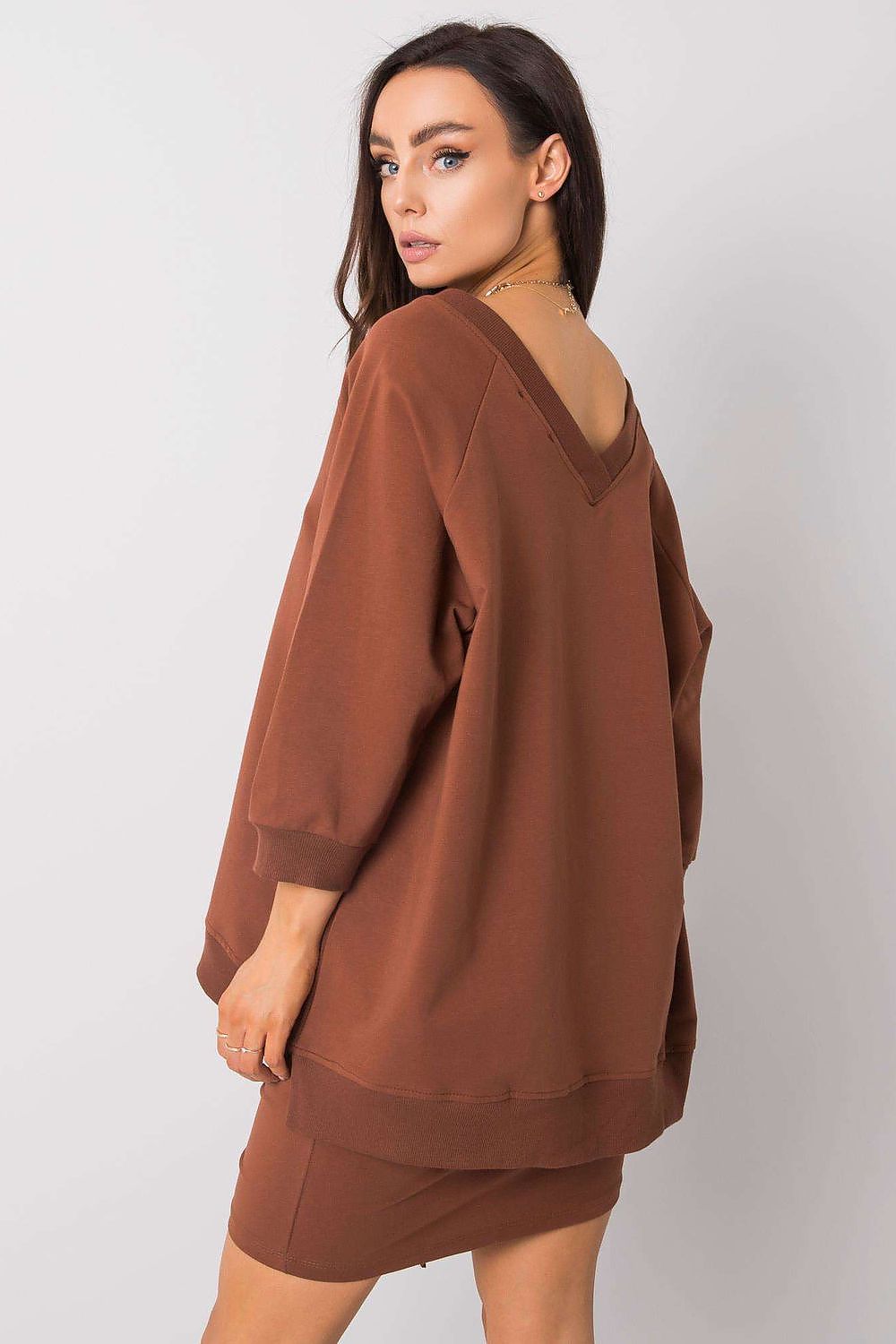 Elegant Loose Fit Rue Paris Sweatshirt With Heart Neckline in rich brown, showcasing a stylish back view. Made from 90% cotton and 10% spandex for comfort.