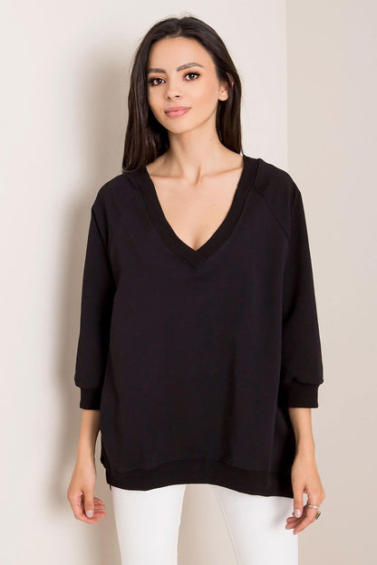 Loose Fit Rue Paris Sweatshirt With Heart Neckline, showcased in elegant black, designed for a sophisticated yet comfortable look.