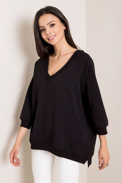 Loose Fit Rue Paris Sweatshirt With Heart Neckline in a classic black, displaying a stylish v-neck and relaxed silhouette for a contemporary fashion statement.