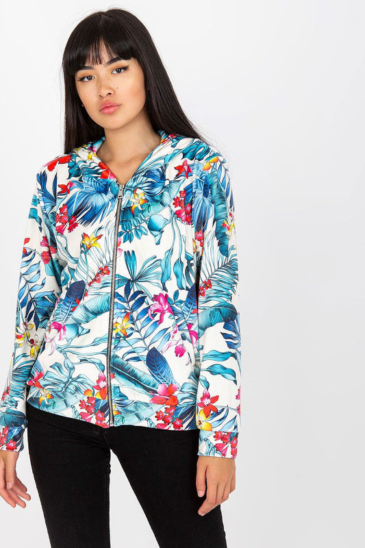 Luxury Rue Paris Women's Hooded Sweatshirt with Zip and Side Pockets – Elegant Long Sleeves, featuring vibrant floral print, model showcasing the sweatshirt's front view.
