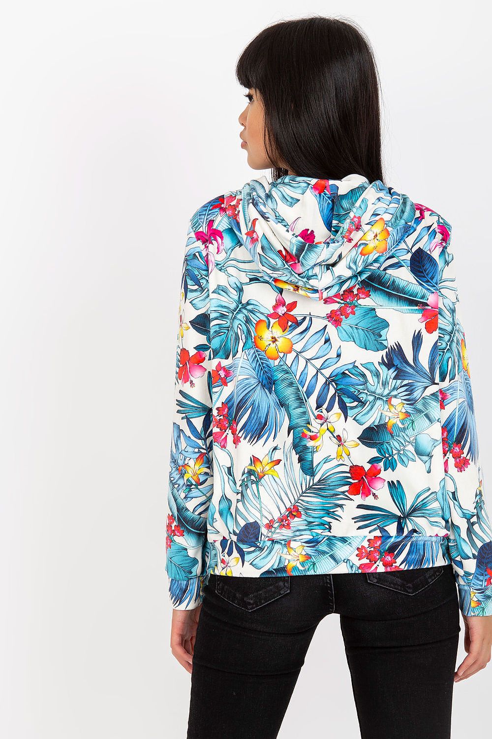 Luxury Rue Paris Women's Hooded Sweatshirt with Zip and Side Pockets – Elegant Long Sleeves, showcasing a model from the back wearing the hoodie with a tropical pattern.