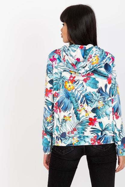 Luxury Rue Paris Women's Hooded Sweatshirt with Zip and Side Pockets – Elegant Long Sleeves, showcasing a model from the back wearing the hoodie with a tropical pattern.