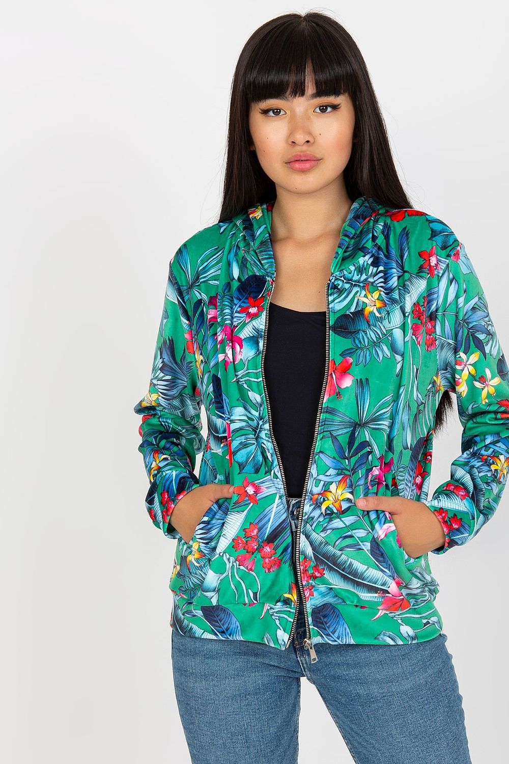 Luxury Rue Paris Women's Hooded Sweatshirt with Zip and Side Pockets – Elegant Long Sleeves, featuring a model in a green floral design sweatshirt, exuding style and elegance.