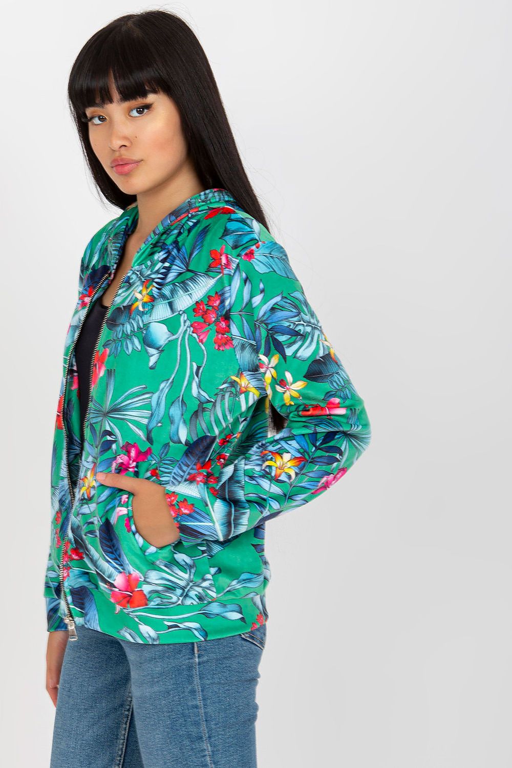 Luxury Rue Paris Women's Hooded Sweatshirt with Zip and Side Pockets – Elegant Long Sleeves, close-up of model showcasing the colourful floral design of the hoodie, highlighting its chic appeal.