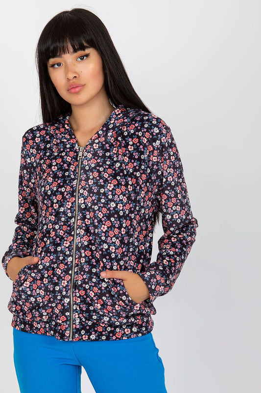 Luxury Women's Long-Sleeved Zip-Up Sweatshirt by Rue Paris featuring a floral design, modelled with side pockets and an elegant zip-up closure.