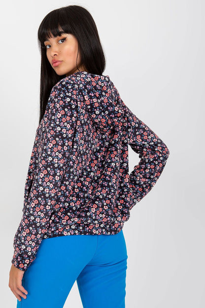 Back view of the Luxury Women's Long-Sleeved Zip-Up Sweatshirt by Rue Paris, highlighting its elegant floral pattern and functional design tailored for modern luxury.