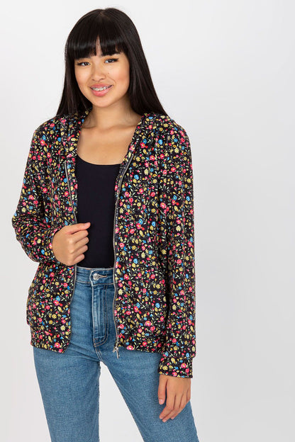Luxury Women's Long-Sleeved Zip-Up Sweatshirt by Rue Paris, featuring floral patterns, styled with jeans and a black top.
