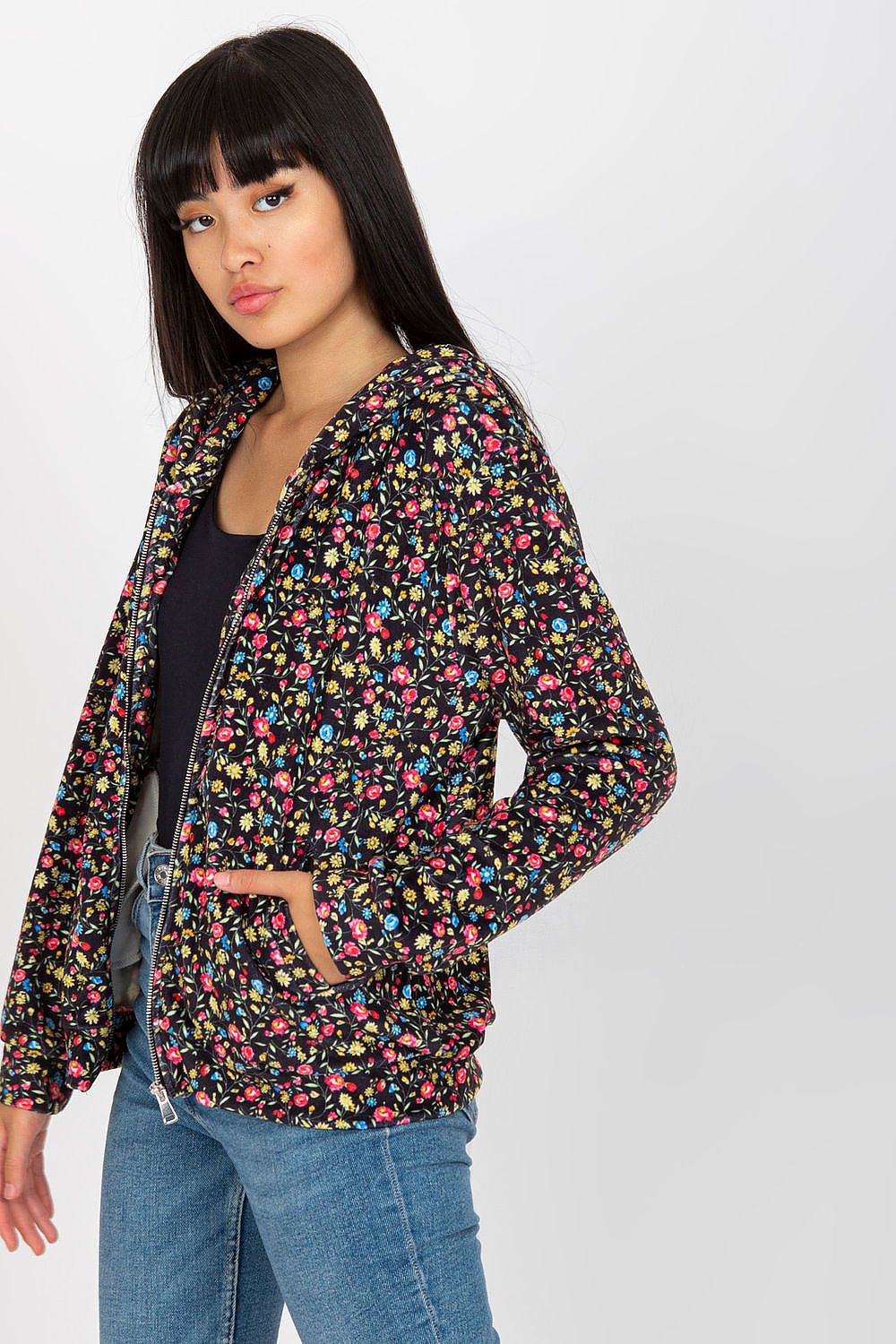 Elegant view of Luxury Women's Long-Sleeved Zip-Up Sweatshirt by Rue Paris, showcasing its floral design and side pockets.