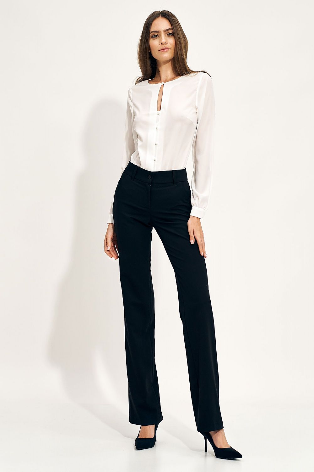 Nife Teardrop Long Sleeve Shirt with Unique Neckline for Elegant Office Styling, showcased with tailored black trousers and stiletto heels, embodying sophistication and grace.