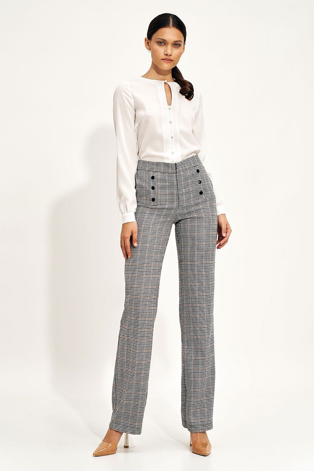 Nife Teardrop Long Sleeve Shirt with Unique Neckline for Elegant Office Styling, elegantly styled with checkered high-waisted trousers and a polished look, perfect for professional settings.