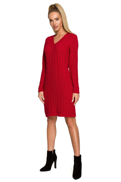 Elegant Knitted Plaid Dress for Cold Days - Moe Warmth & Style in a striking red hue, featuring a chic V-neckline and intricate cable knit design.